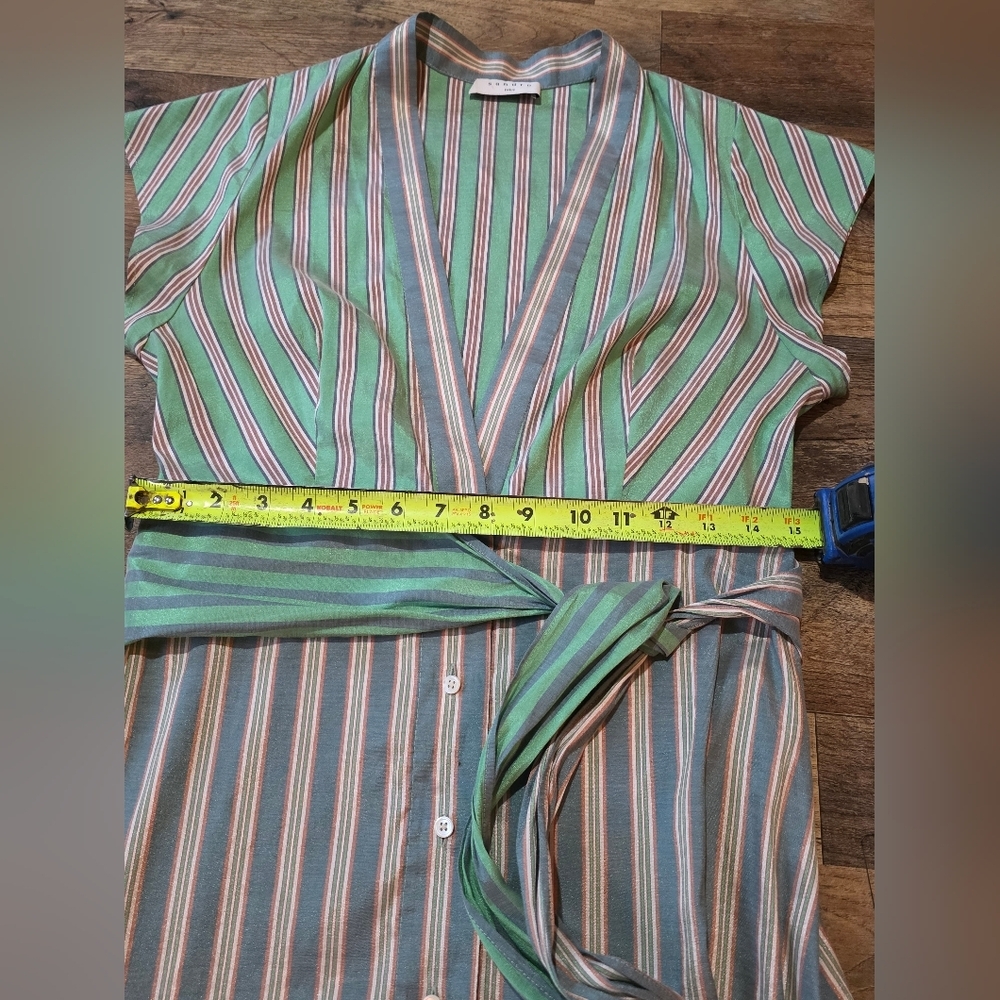 Sandro Paris Women's Green Striped Button Front Wrap Dress Size 36 - Picture 9 of 12